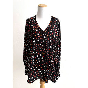 Cabi Blouse L Black Red White Floral Long-Sleeves Button-Front V-Neck Top - 3957